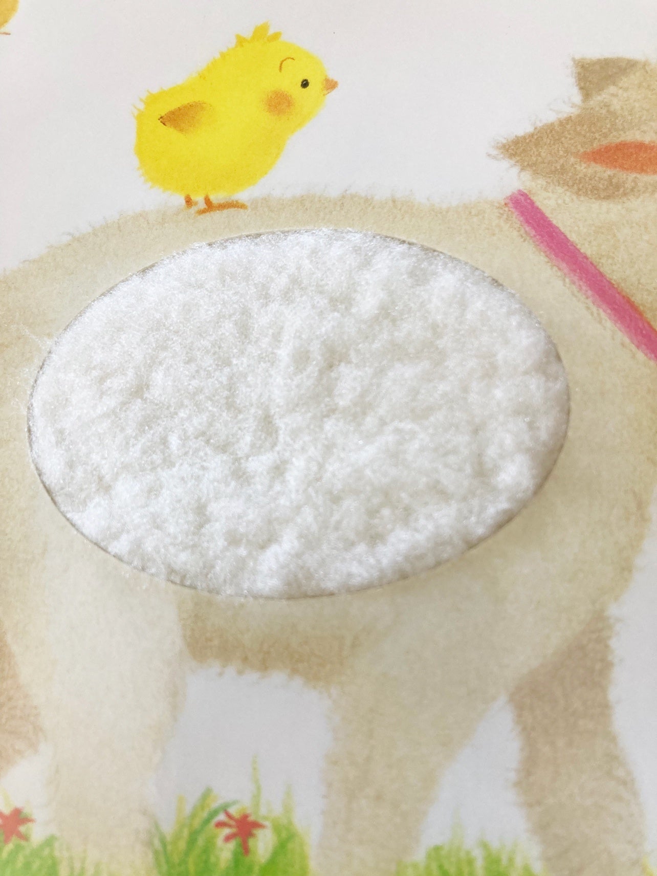 ▲『ふわふわ だあれ？』本文ページ。このふわふわは誰かな？ 正解は絵本で♪