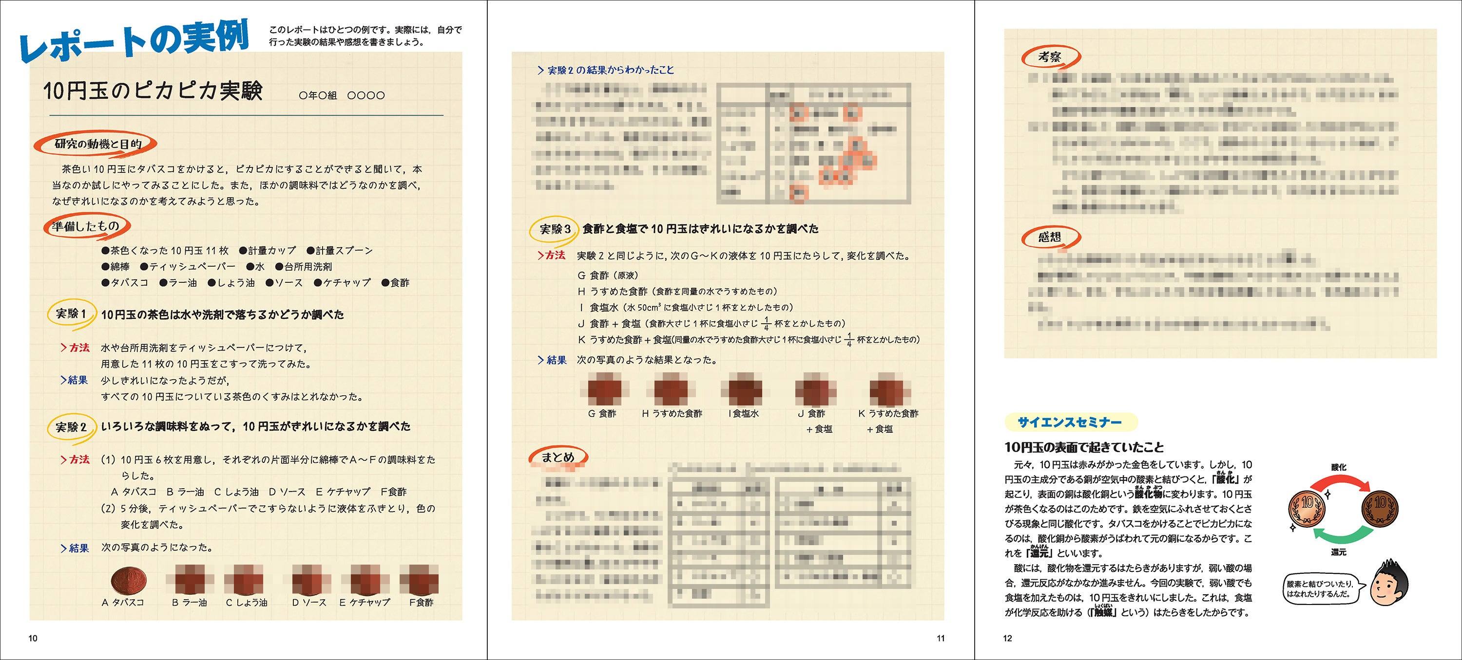 ▲全実験に「レポートの実例」つき！　※一部、加工により実際の紙面と異なる箇所がございます。