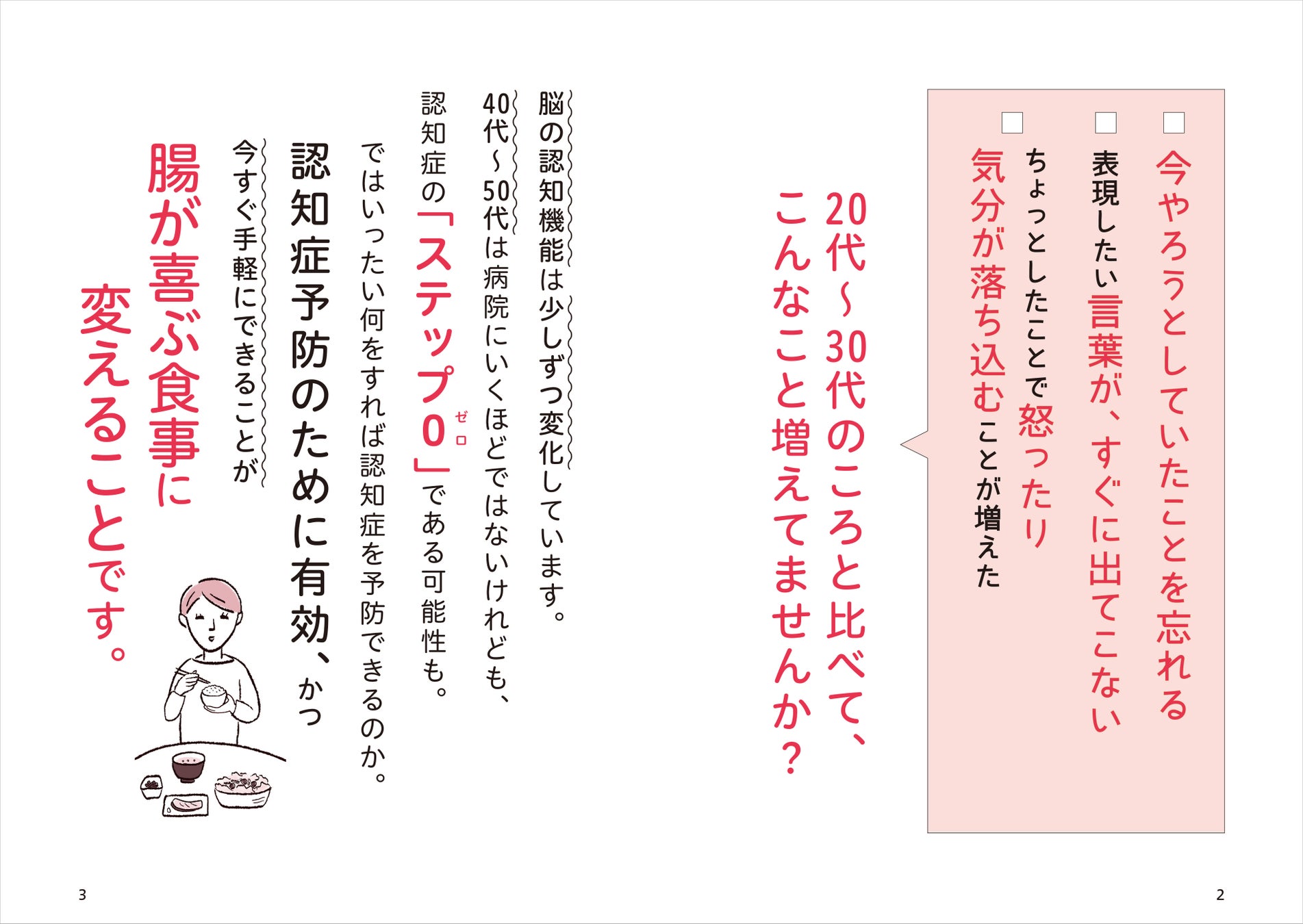 ▲今やろうとしていたことを忘れる、知っているはずの名前が出てこない… 認知機能の衰えのステップゼロ段階は、日々の食事で腸を喜ばせるのが効く! ▲今やろうとしていたことを忘れる、知っているはずの名前が出てこない… 認知機能の衰えのステップゼロ段階は、日々の食事で腸を喜ばせるのが効く!