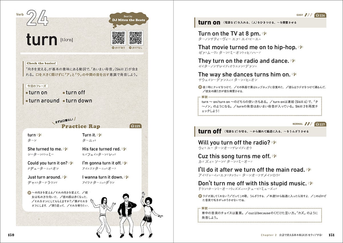 ▲Chapter2 基本動詞「turn」の練習より。25の基本動詞を含む英文をラップで徹底的に身体にしみ込ませていく。
