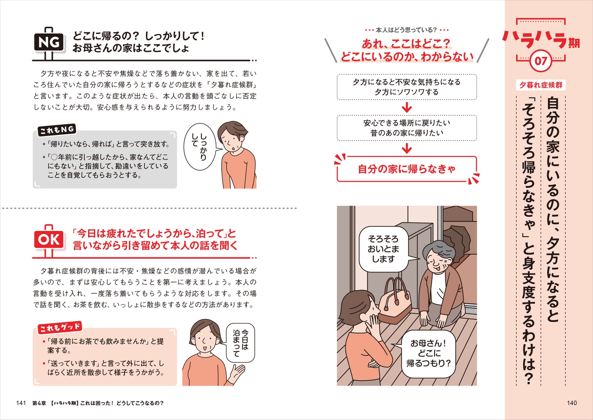 ▲認知症の中核症状が進むと、さまざまな症状が現れるようになります。そんな「ハラハラ期」に、サポートする家族はどう対応したらよいかが、わかります ▲認知症の中核症状が進むと、さまざまな症状が現れるようになります。そんな「ハラハラ期」に、サポートする家族はどう対応したらよいかが、わかります