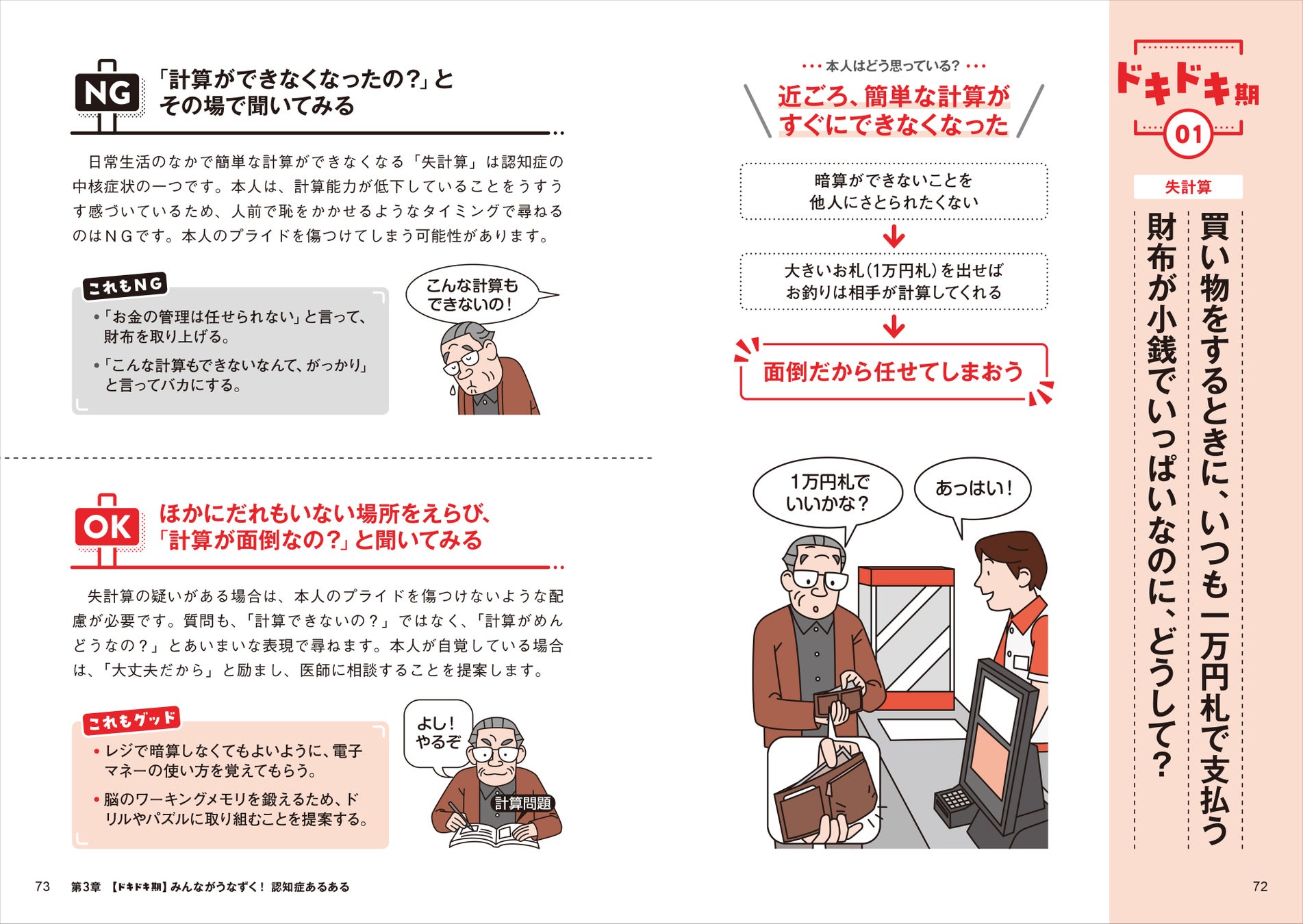 ▲認知症によって認知機能が低下すると日常生活で困ったことが起こります。「ドキドキ期」に、多くの人によく見られる中核症状について解説します ▲認知症によって認知機能が低下すると日常生活で困ったことが起こります。「ドキドキ期」に、多くの人によく見られる中核症状について解説します