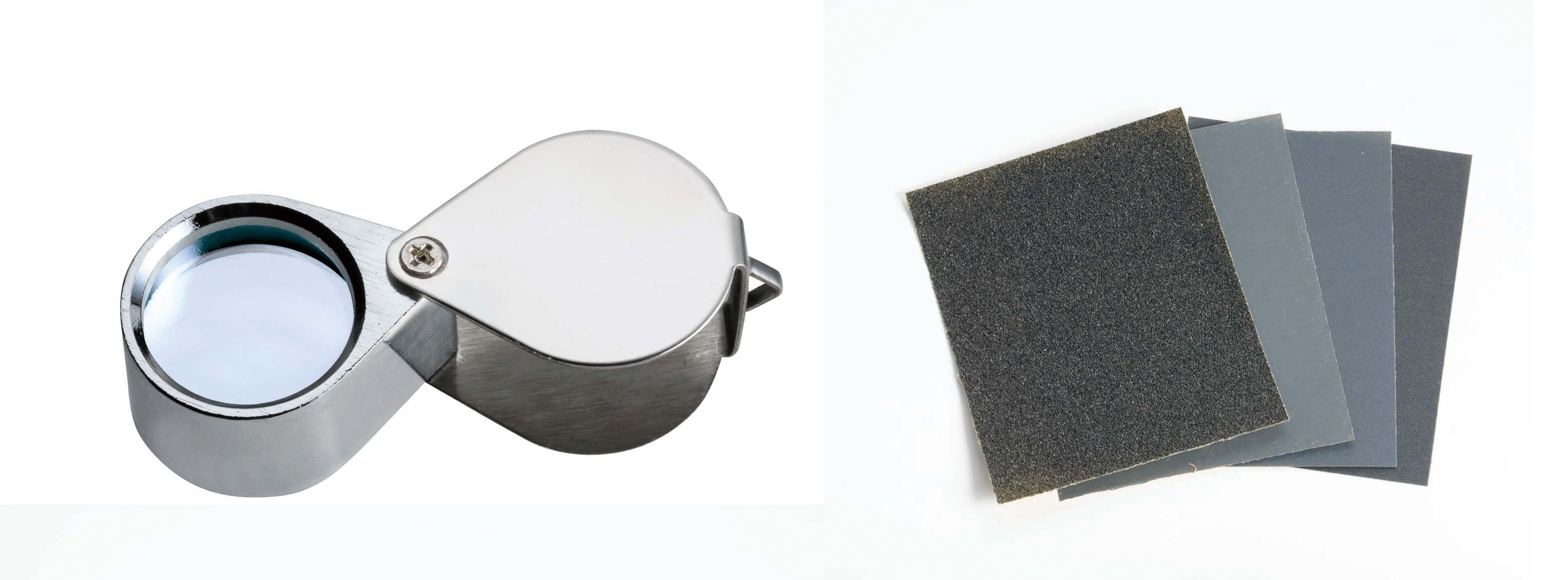 ▲鉱物の観察に最適な10倍のルーペが付属します。ガラス製レンズと丈夫なメタルフレームで本格的に観察を楽しむことができます。研磨用の耐水ペーパーは4枚入り。