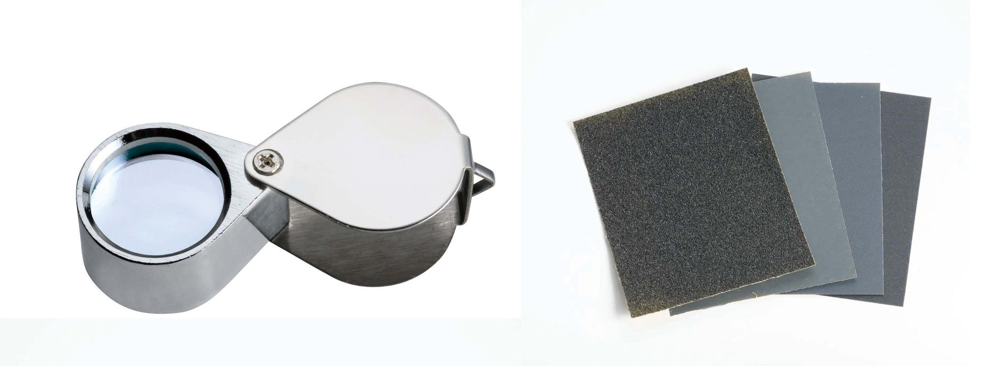 ▲鉱物の観察に最適な10倍のルーペが付属します。ガラス製レンズと丈夫なメタルフレームで本格的に観察を楽しむことができます。研磨用の耐水ペーパーは4枚入り。