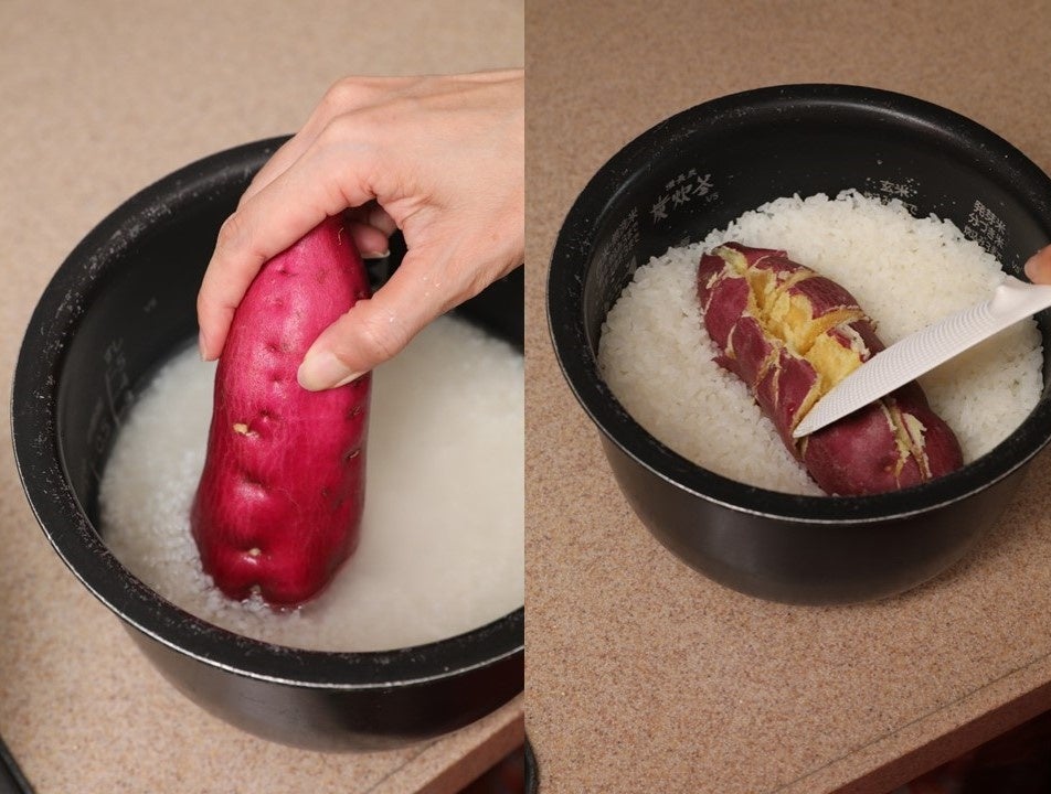 ▲塩と酒を加えたら、さつまいもで混ぜます。炊き上がったら、しゃもじでほぐして完成！