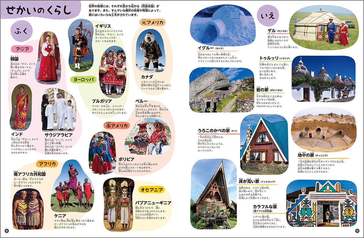 衣服や住居など、各地の生活の様子がわかります。