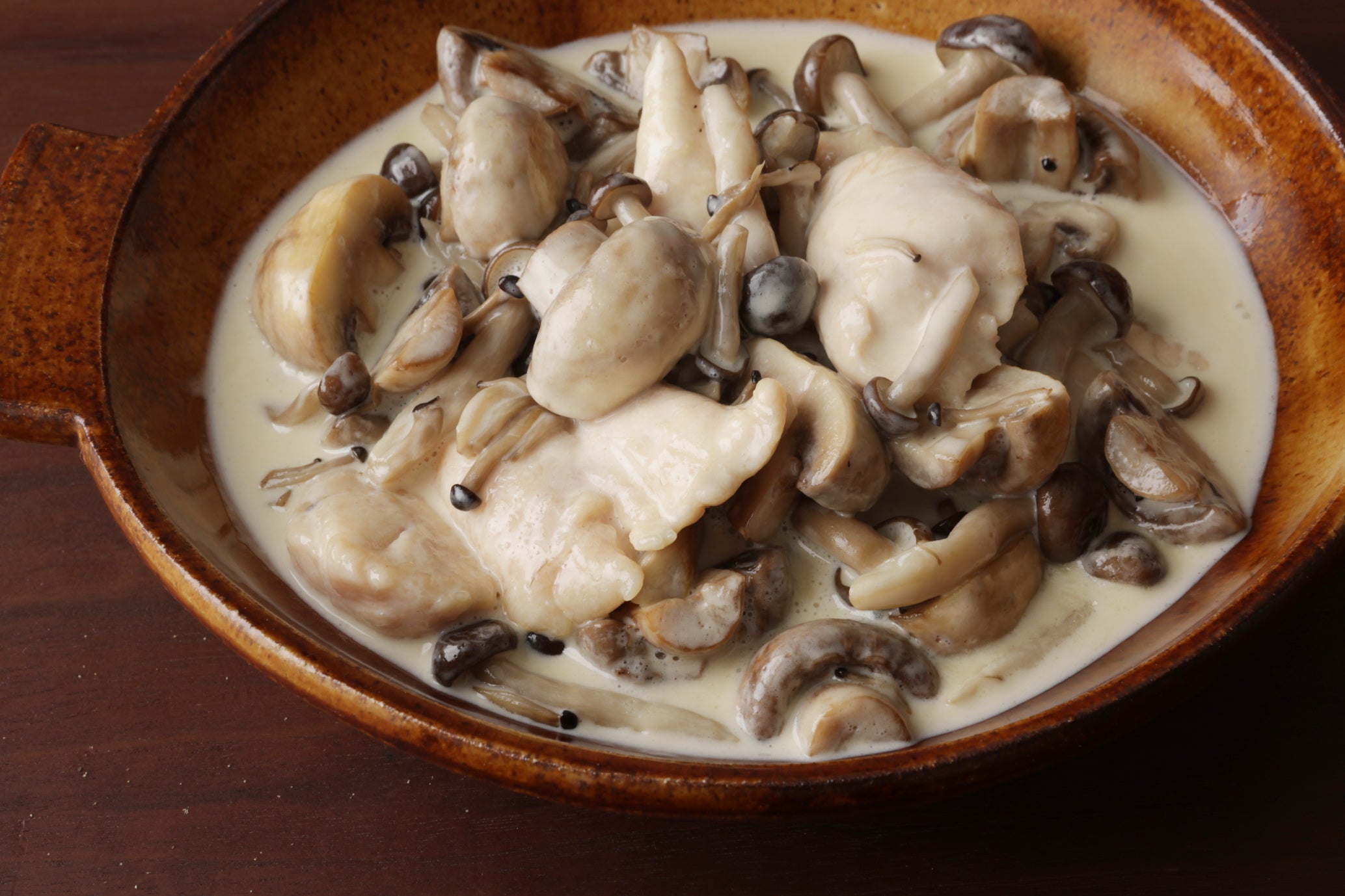 ▲鶏ささ身ときのこ　クリームで煮て