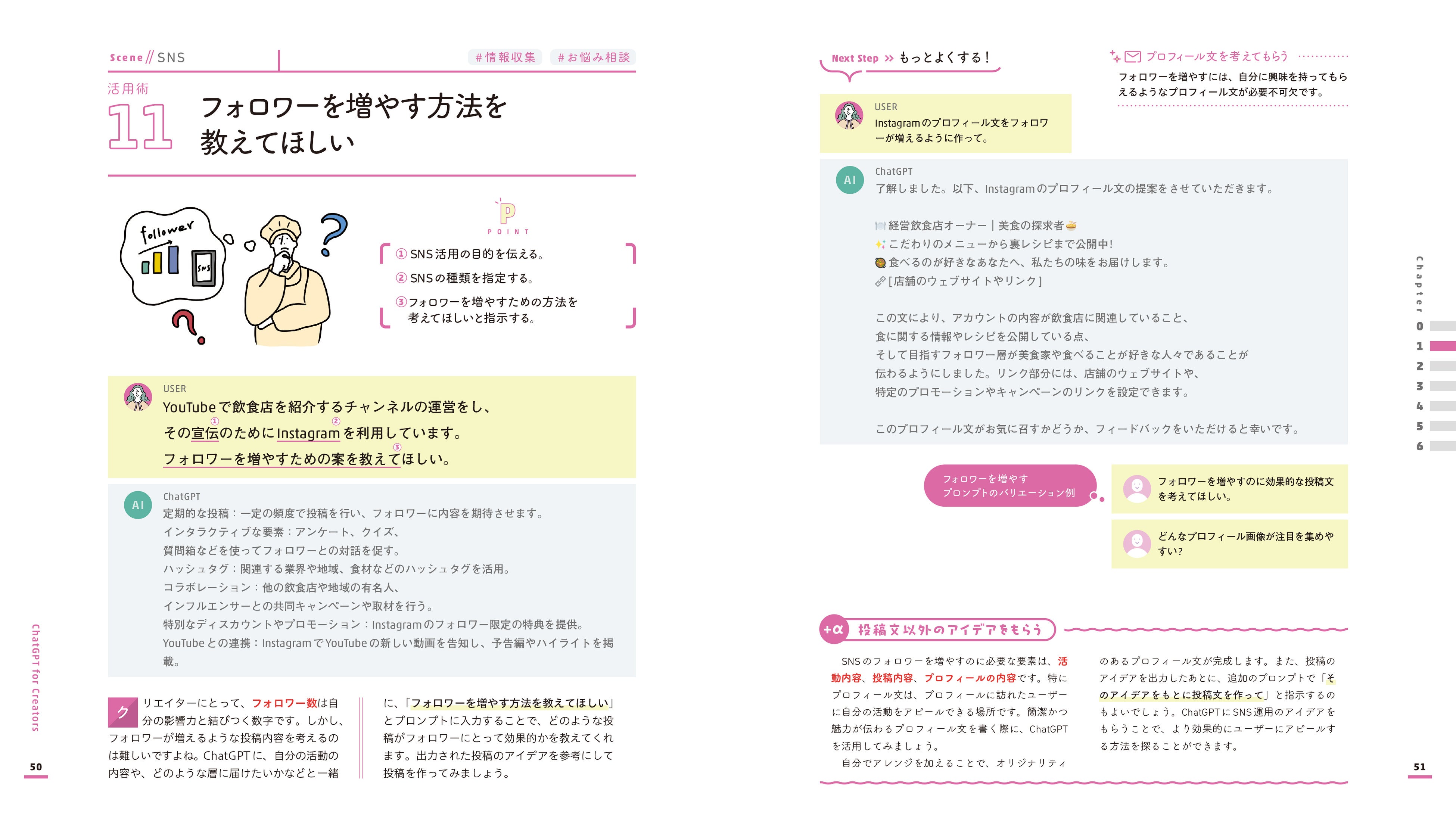 ▲SNSのフォロワーの増やし方を相談する活用術のぺージ（『クリエイターのためのChatGPT活用大全』より）。投稿文やプロフィール文を書いてもらうこともできる。