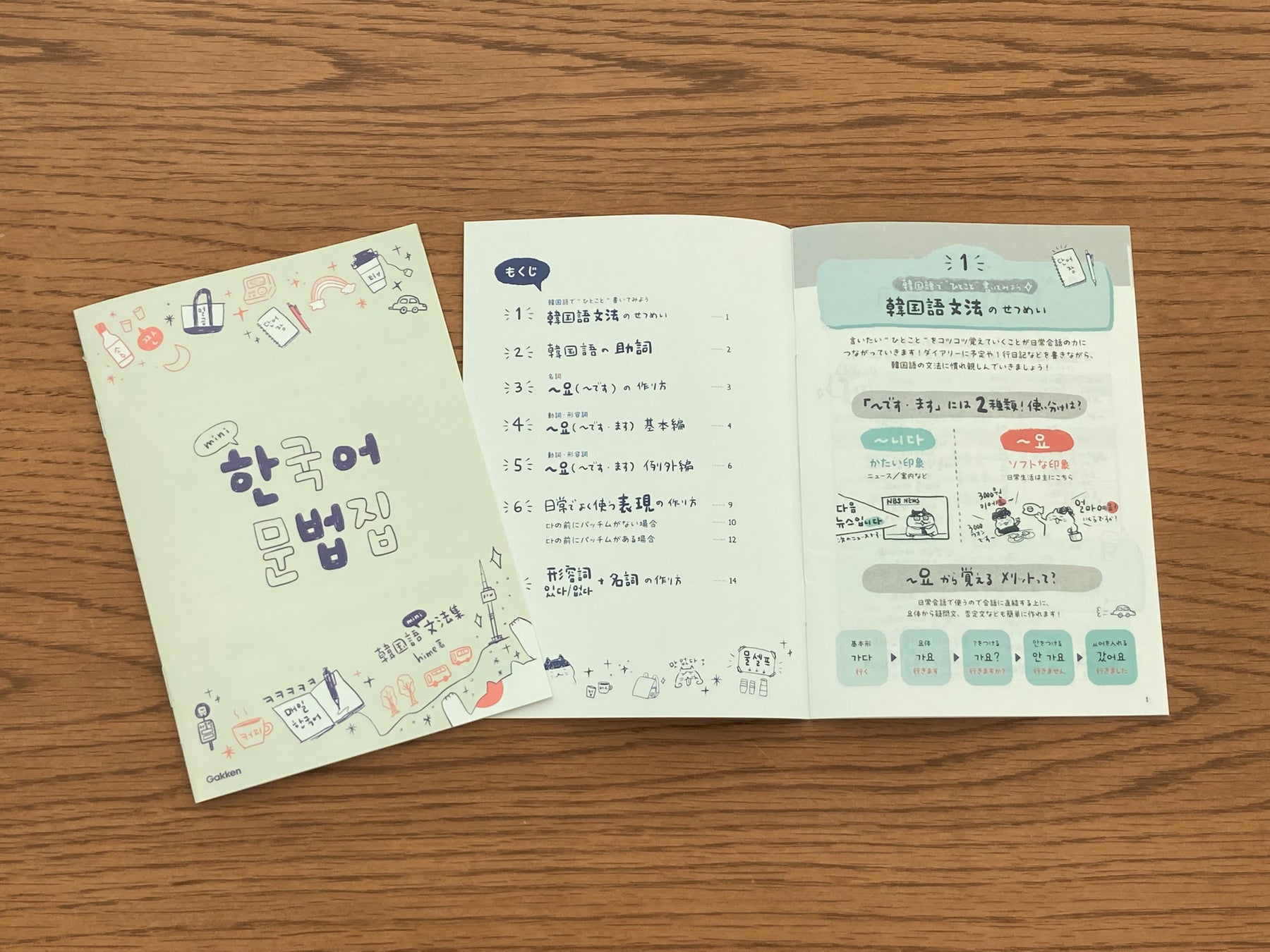 ▲別冊「韓国語mini文法集」の表紙ともくじ