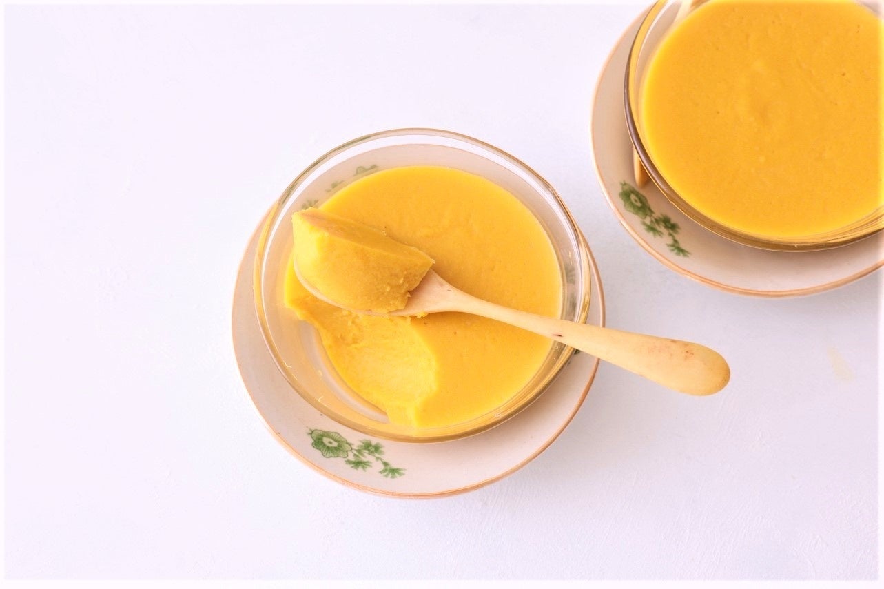 ▲「寒天で作るかぼちゃプリン」は、むっちり濃厚＆なめらかな舌ざわり。おいしいだけでなく、子どもたちにも安心して食べさせられます