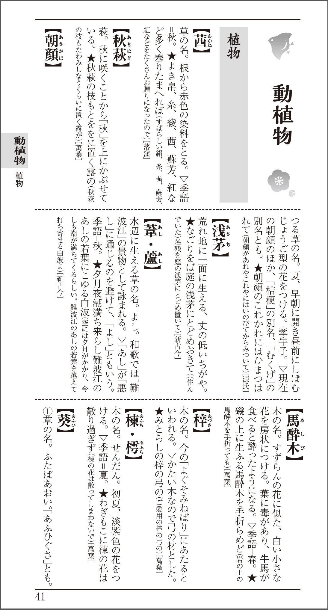 ▲「動植物」のページ。古典の世界ではどんな植物がおなじみかもわかり、イラストを描く下調べにも役立ちます