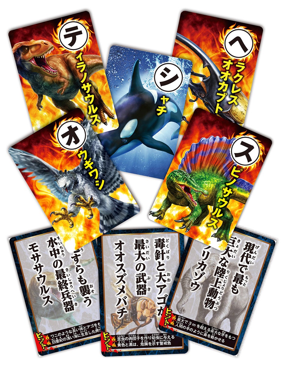 ▲「最強王カード」としても楽しめる絵札(取り札)と、最強王の特徴が盛り沢山の読み札は、それぞれたっぷり100枚入り! ド迫力のイラストは見るだけでも楽しい!!