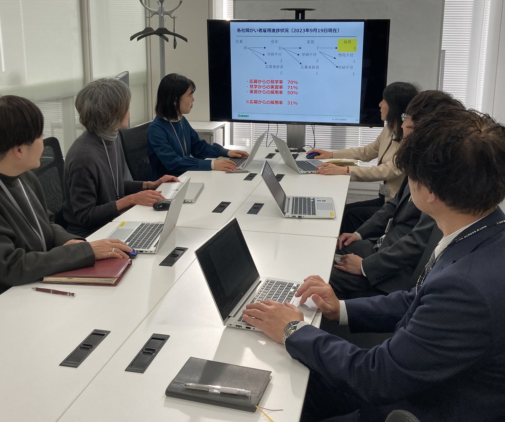 採用・定着支援チームの定例ミーティング。個別ケースに対応するため、定期的な支援活動はもちろん、 臨機応変に柔軟な対応を行っています