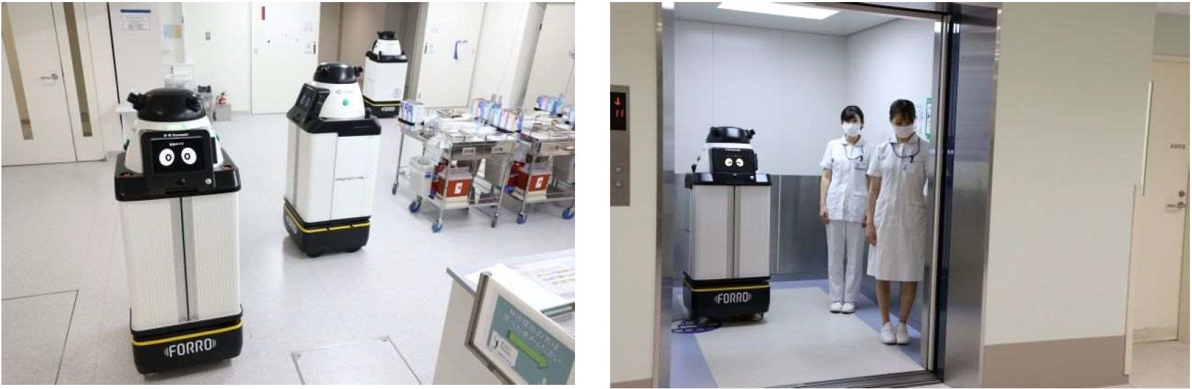 ▲左はロボット複数台を運用する様子。右はロボットと人がエレベータに相乗りしたときの様子。