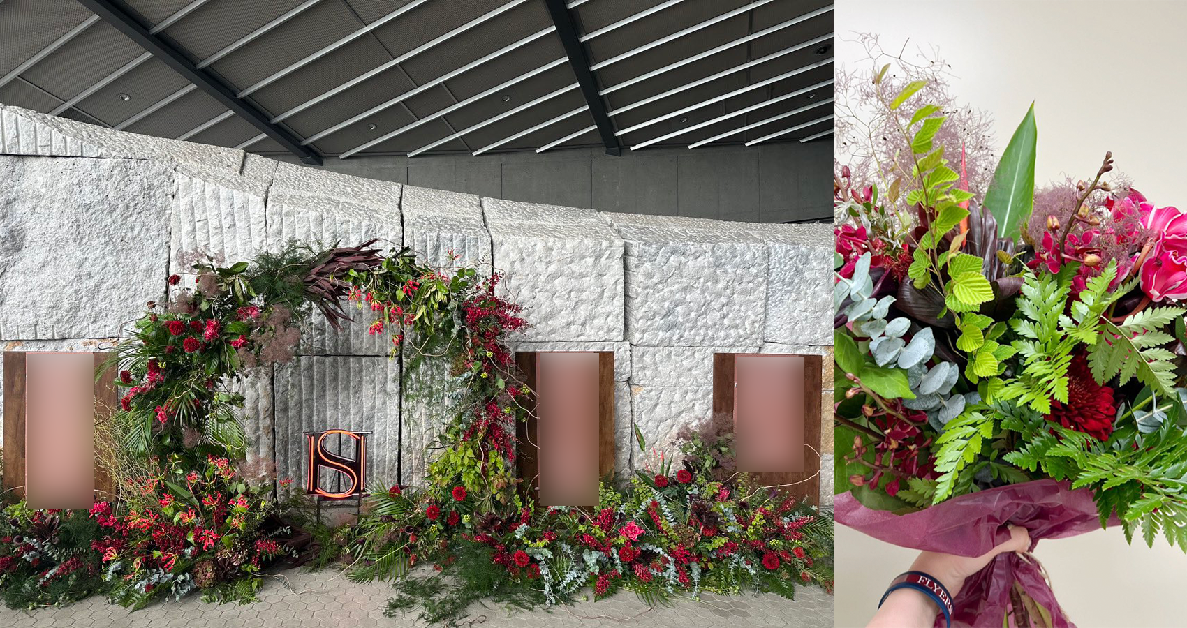＜左：会期中の祝い花「フラワーアーチ」（05.27-28 東京公演より）、右：協力者への感謝のブーケ＞