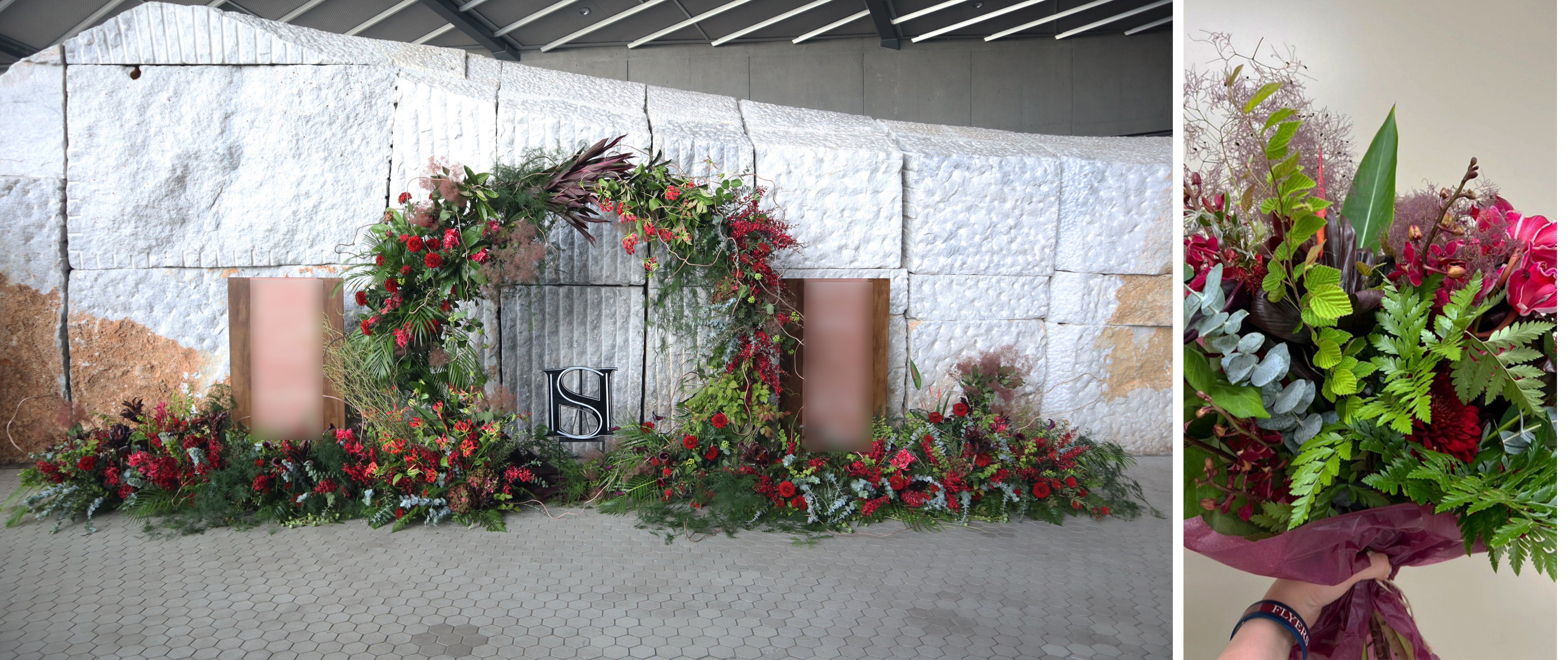 ＜左：会期中の祝い花「フラワーアーチ」（05.27-28 東京公演より）、右：協力者への感謝のブーケ＞