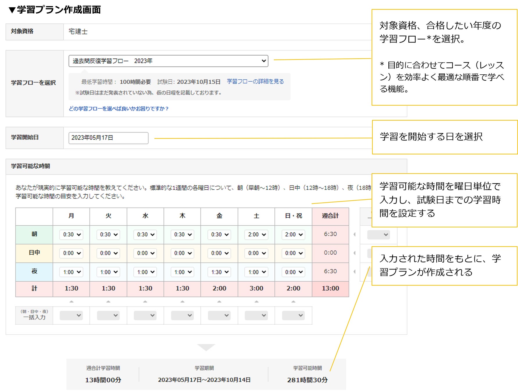学習プラン作成画面