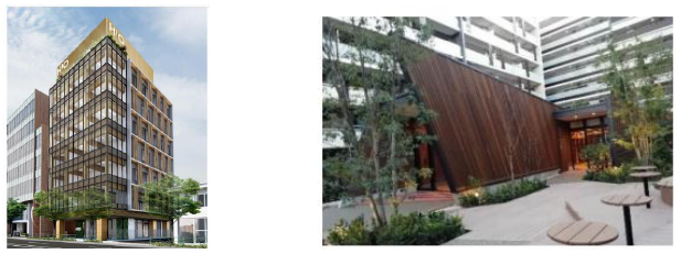 (左)H¹O 青山　完成予想図、(右)プラウドシティ吉祥寺　共用棟