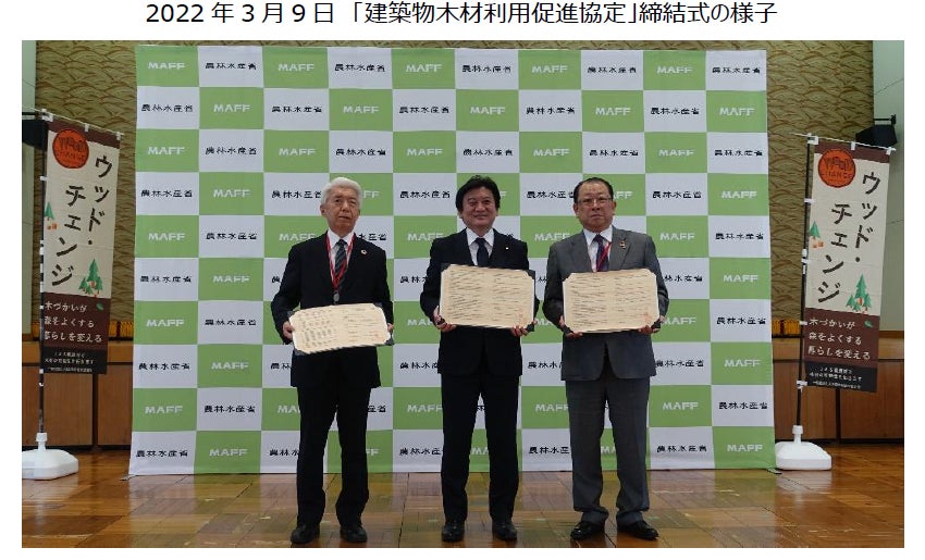 写真左:ウイング 代表取締役社長 倉田 俊行、写真右:野村不動産ホールディングス 代表取締役社長 グループCEO 沓掛 英二、 写真中:農林水産省 農林水産副大臣 武部 新様