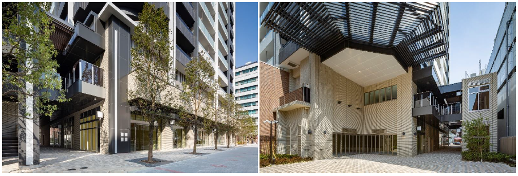 ■（左）東側低層店舗（東側の長島町通より望む）、（右）広場（会所）（西側の路地空間より望む）