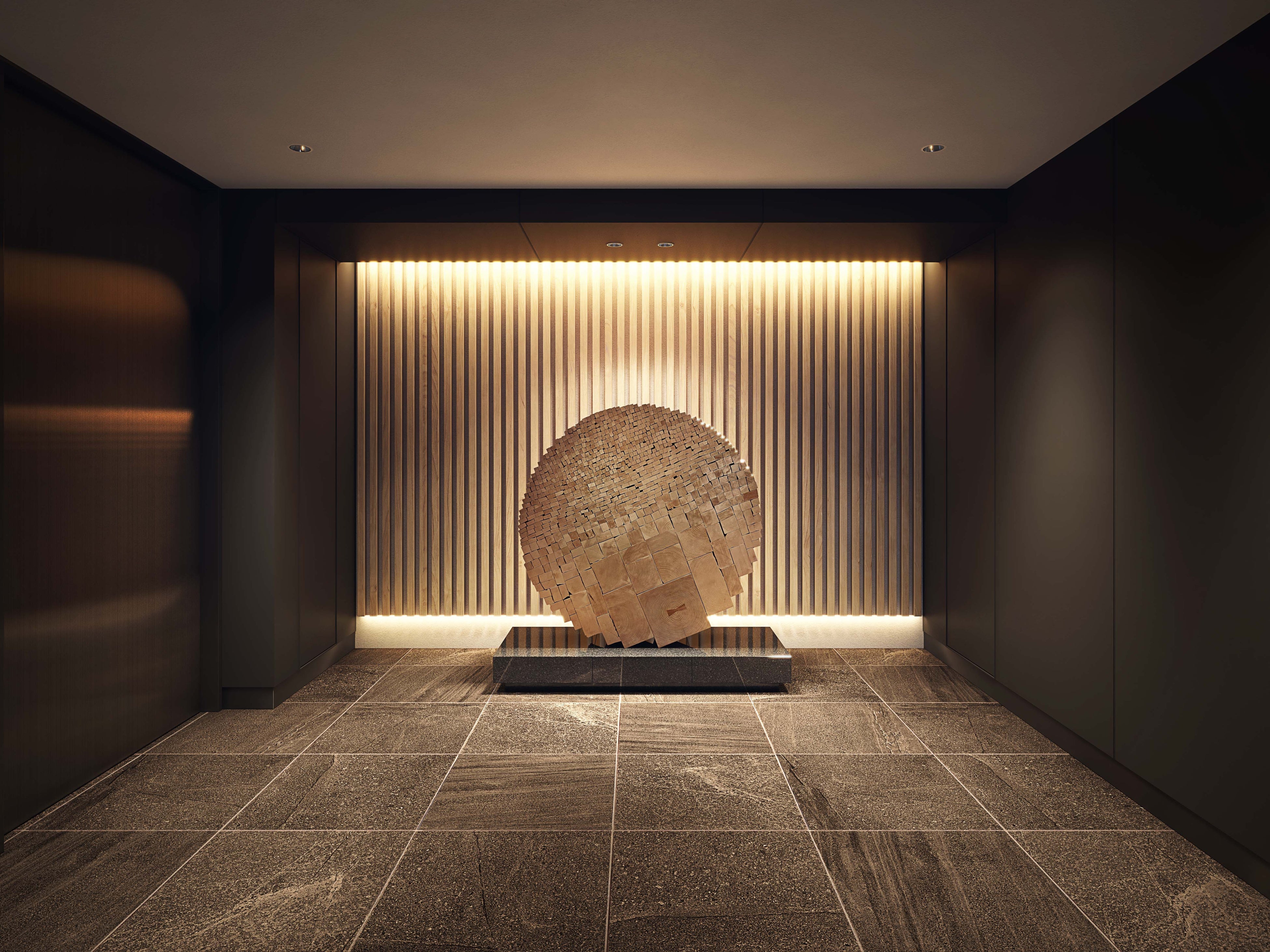 【共用部のアート作品にも国産ヒノキ材を使用】