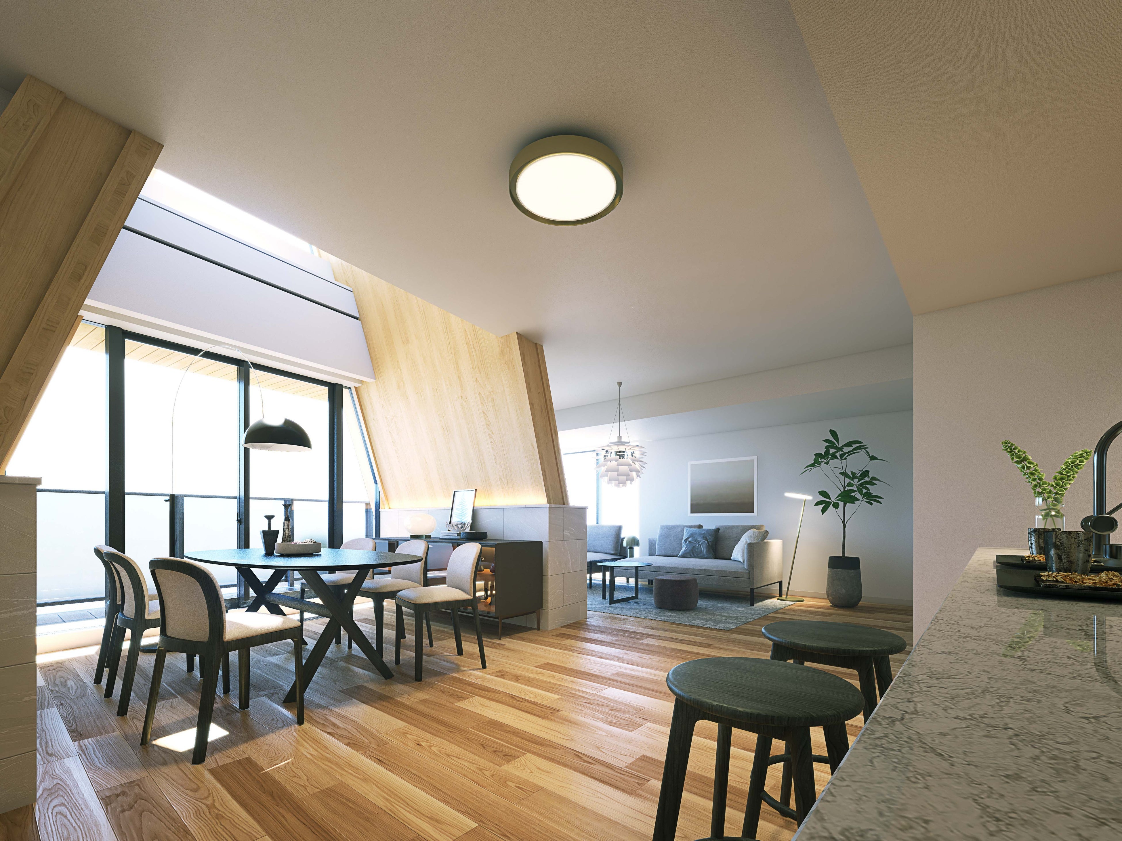 【フローリングや建具には突板を採用しCLTを活かした仕上げ】　