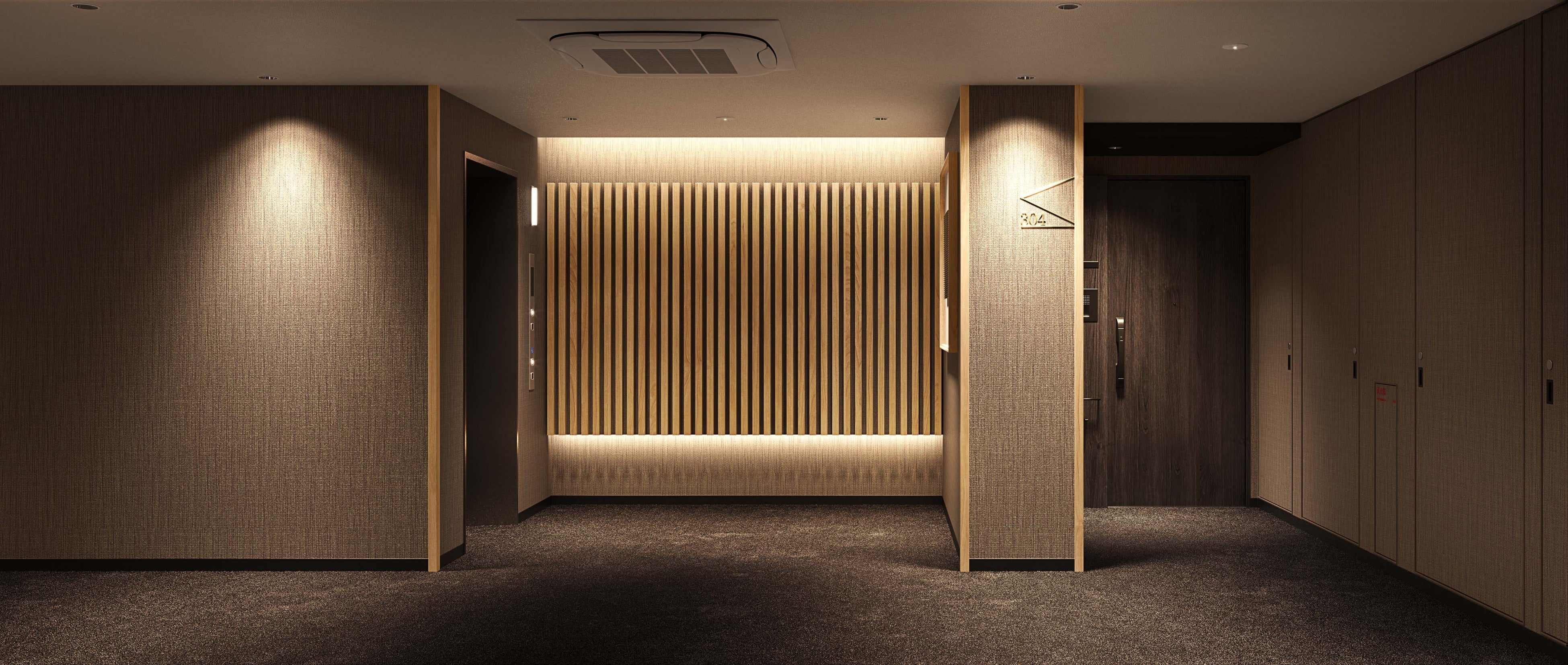 【内廊下には国産ヒノキ材を使用し温もりを演出】