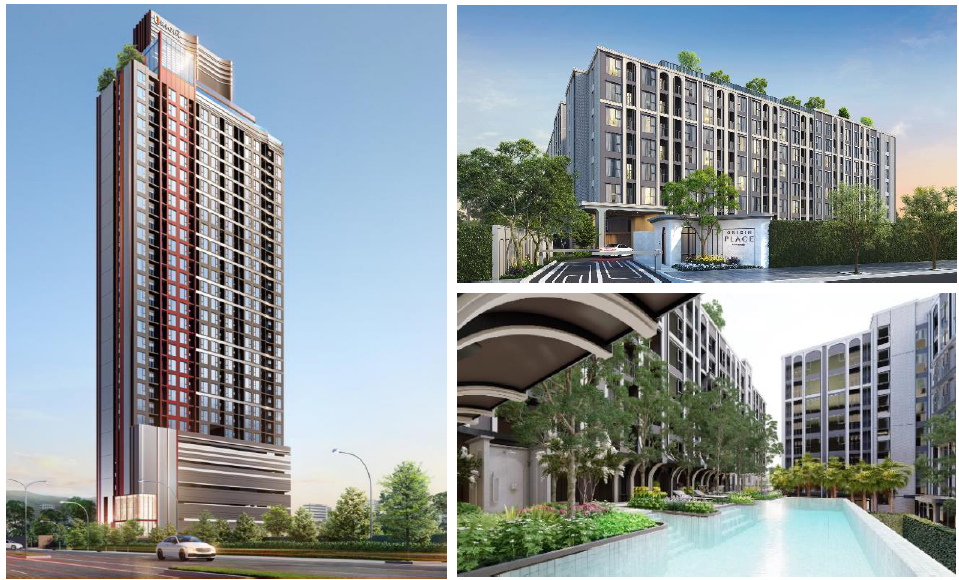 左：ORIGIN PLAY BANGSAEN　外観図、右上：ORIGIN PLACE BANGSAEN 外観図、　右下：ORIGIN PLACE BANGSAEN 中庭プール