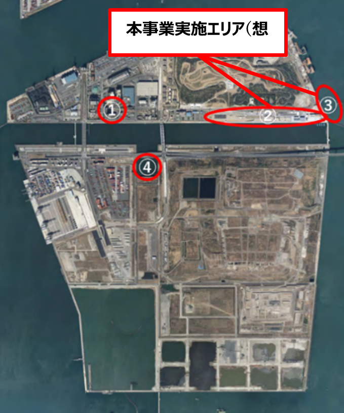 【東京ベイeSG プロジェクト 先行プロジェクト 実施エリア】①東京都環境局中防合同庁舎 ②海の森水上競技場(陸上部) ③海の森公園東側船着場 ④海の森水上競技場(指定水面)