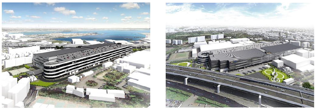 （建物外観：南側（左）／北側（右）完成イメージ）