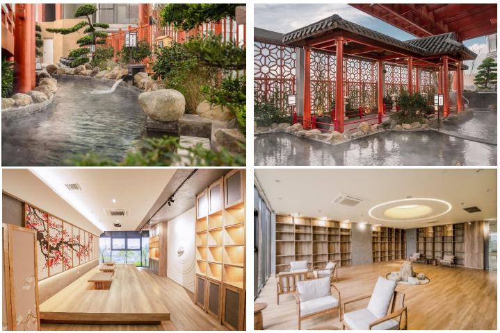 【写真上：温泉施設　竣工写真、写真下：木質を取り入れた共用設備（小上がり・ブックラウンジ）】