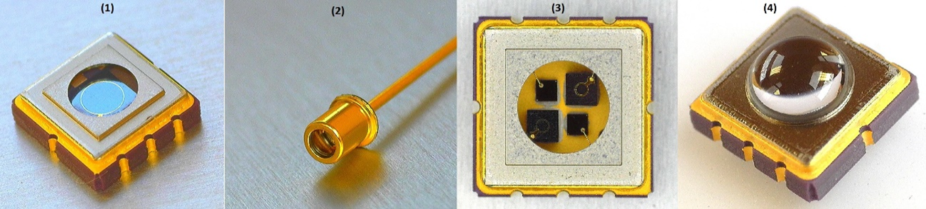 InGaAsフォトダイオードを(1)フラットレンズATLASヘルメチックSMDパッケージ(2)ピグテールTO-can(3)Siフォトダイオードと組み合わせ250nmから2600nm検出可能なもの、(4)ドームレンズATLASパッケージに搭載したものがある