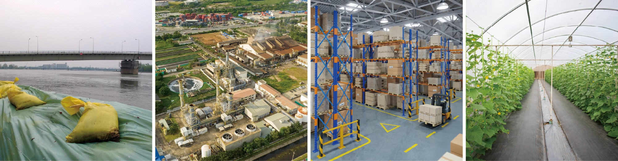 （左から）河川の遠隔監視、建設現場の遠隔監視、広域敷地内監視、農作物の遠隔監視のイメージ