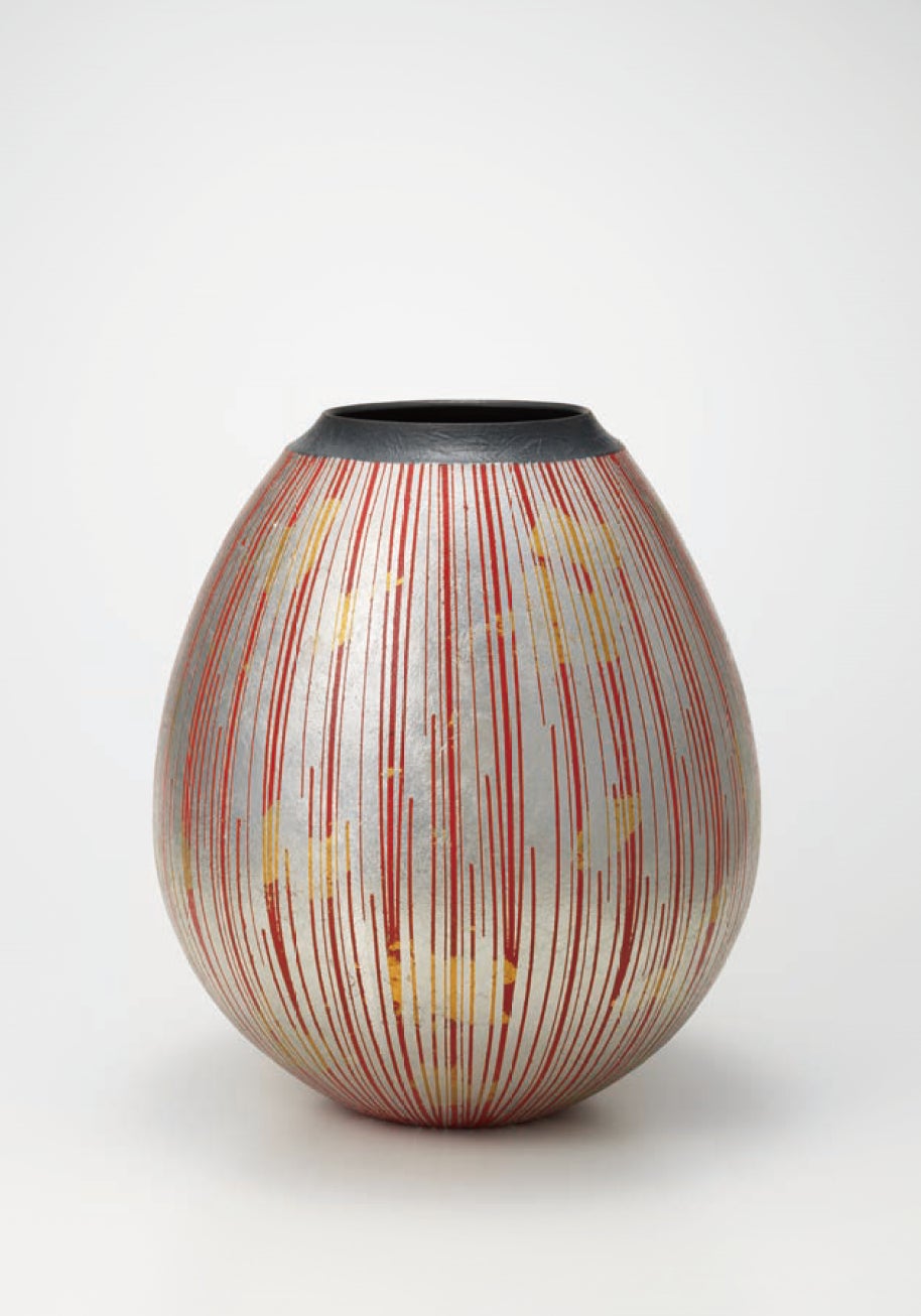 佐藤典克(磁器)「縒赫磁金・プラチナ箔功彩壺」(径27.5×h33cm)