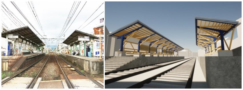 現在の駅（左）、リニューアルイメージ（右）。