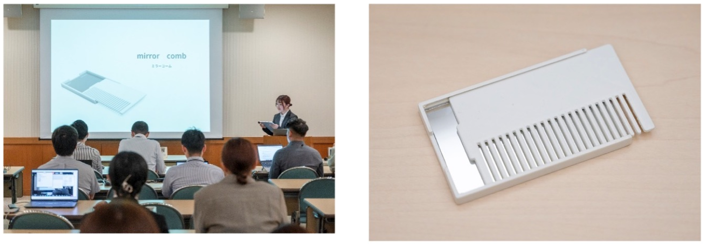 写真左：プロダクトデザイン学科２年 鈴木さんのプレゼンテーション 写真右：初期試作品 「ミラーコーム」