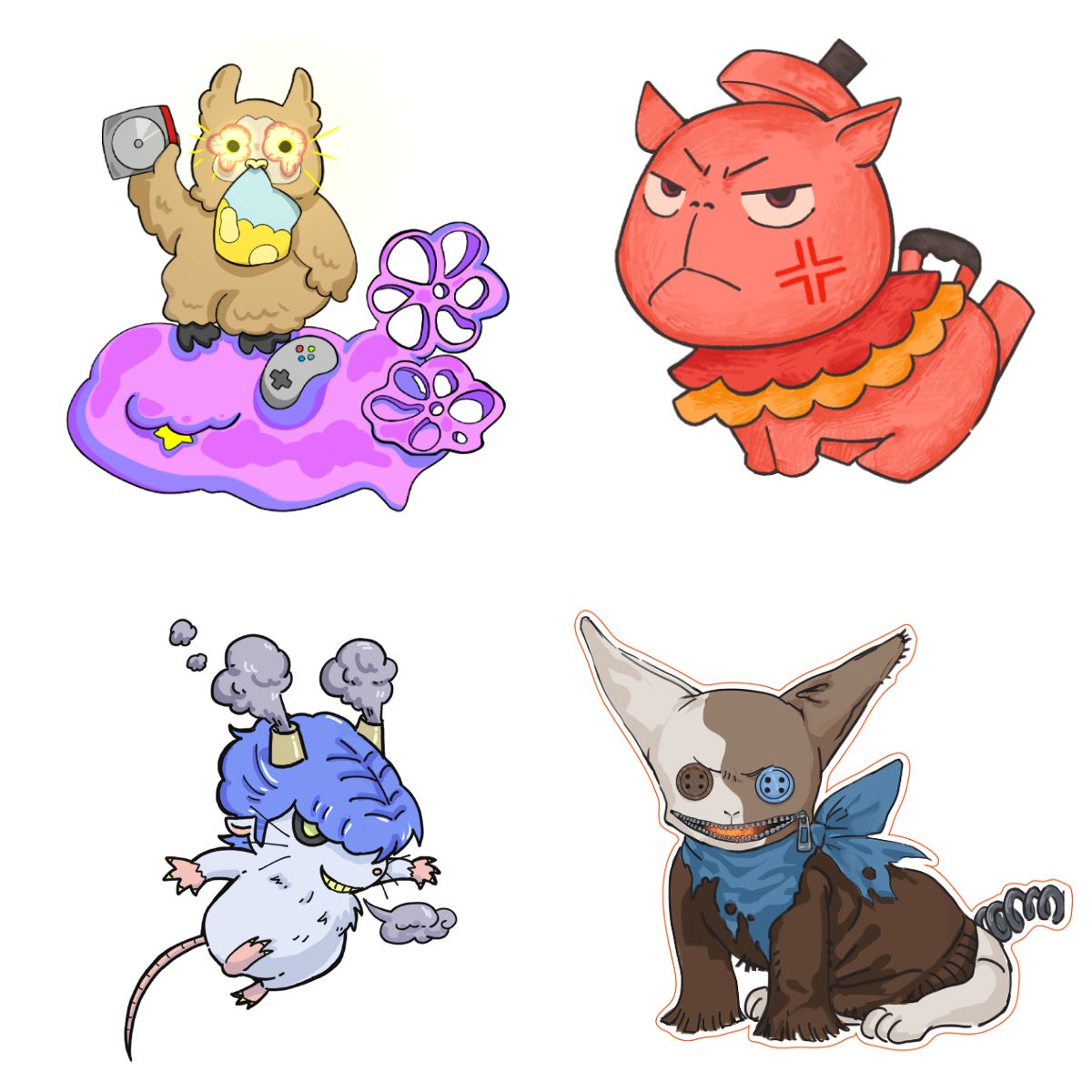 （左上）寝みみずく、（右上）ポカピ、（左下）ガウス、（右下）ぬのワン