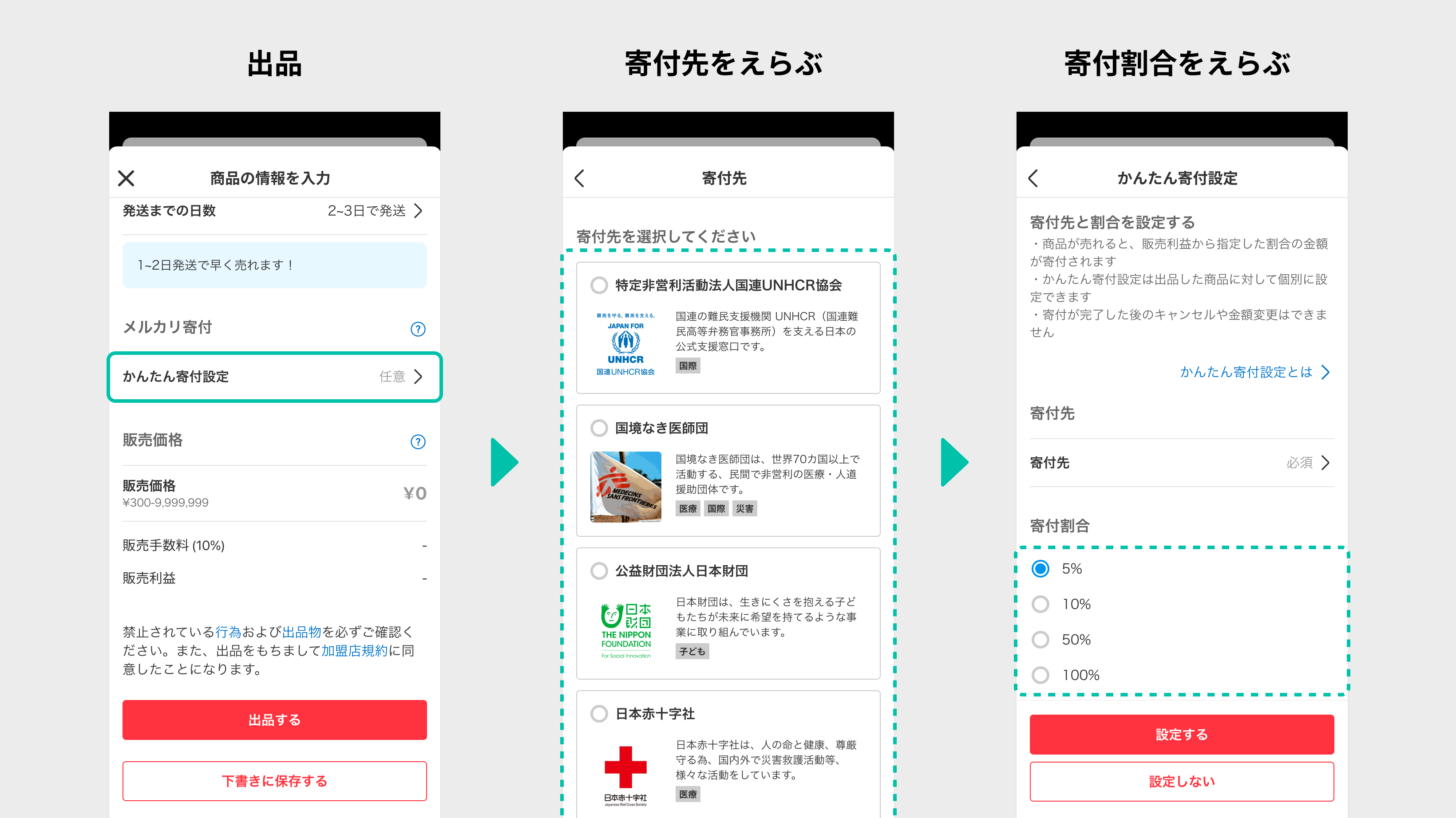 メルカリ、出品時に寄付先と割合の設定で寄付ができる「メルカリ寄付