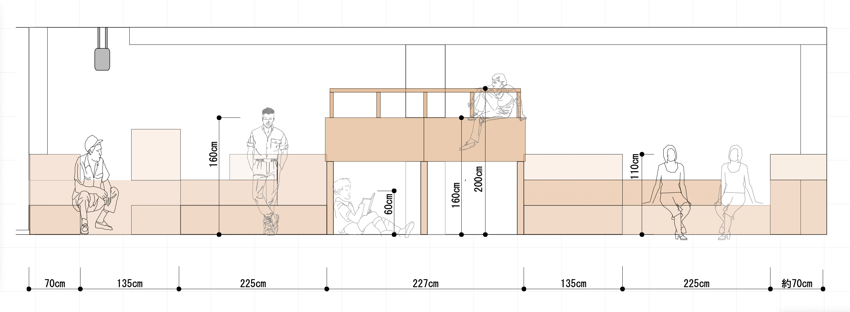 ▲バラバラの視線の高さ・向きを生む階段ベンチ
