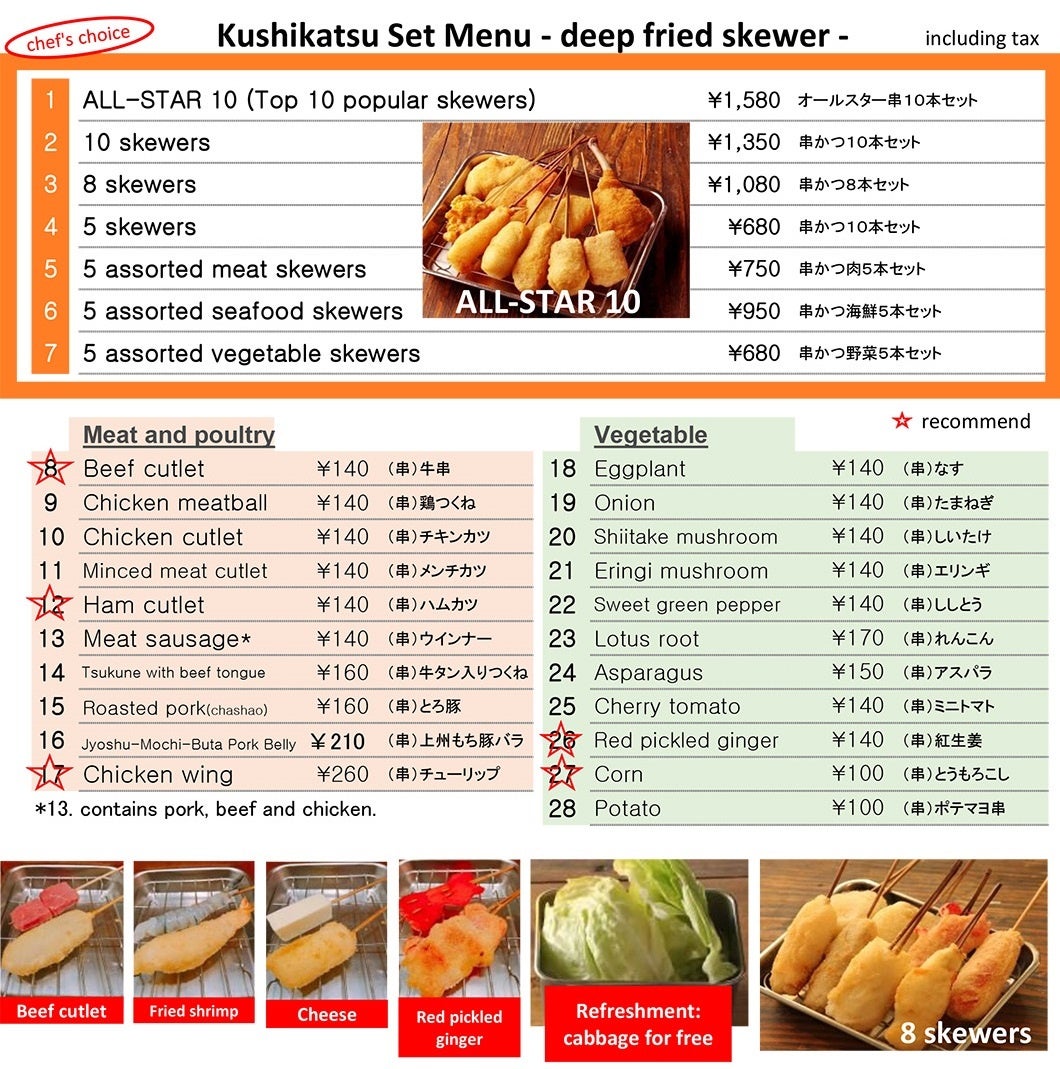 『串かつ でんがな』の英語メニュー　※一部抜粋