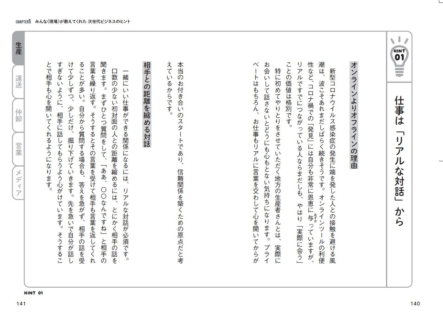 「生産」「運送」「仲卸」「営業」「メディア」など、さまざまな分野でのヒントが満載