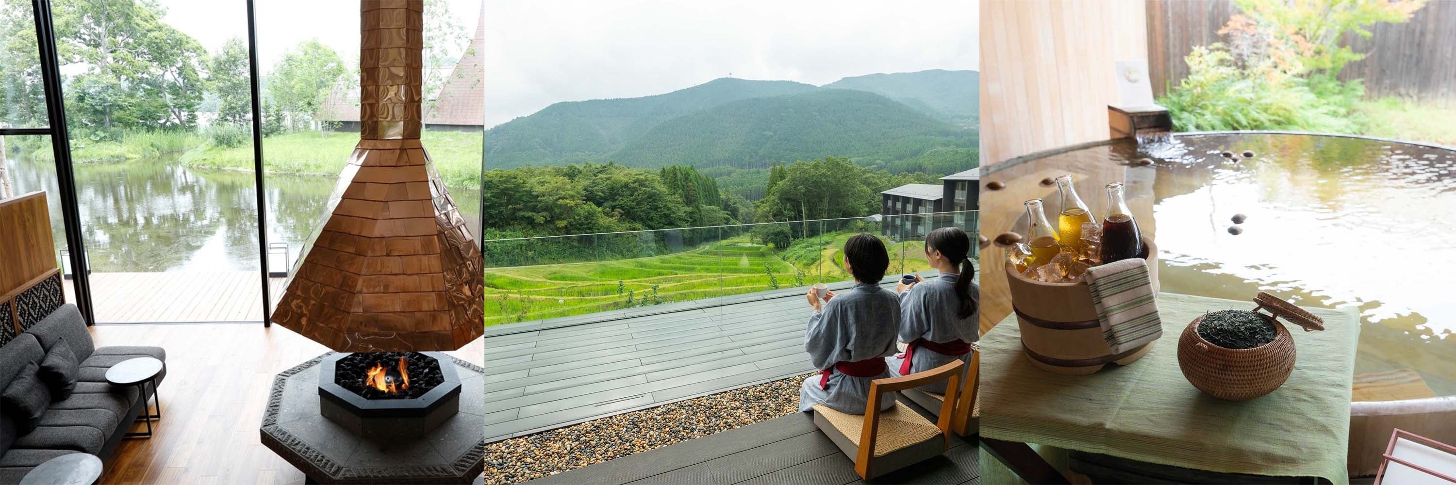 左から、ポロト湖畔の「界 ポロト」、この夏オープンの棚田が広がる「界 由布院」、お茶がテーマの「界 遠州」。