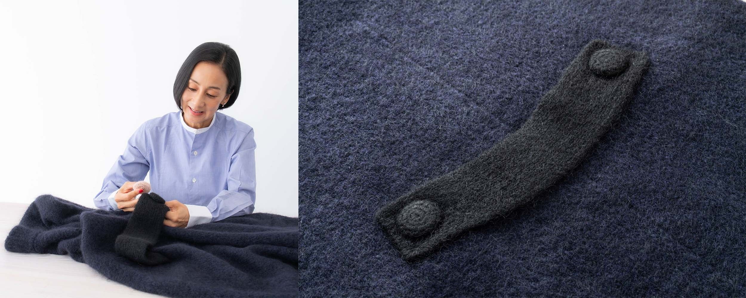 「黒のバッグベルトに大きなクルミボタン。色は悩んだあげく同色にしました」