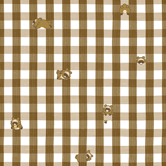 「なにごとにも動じない図太い神経の持ち主」のビッパが、木の枝のようなチェック柄にゴロンと横になったり、かじったりしている様子を描きました。