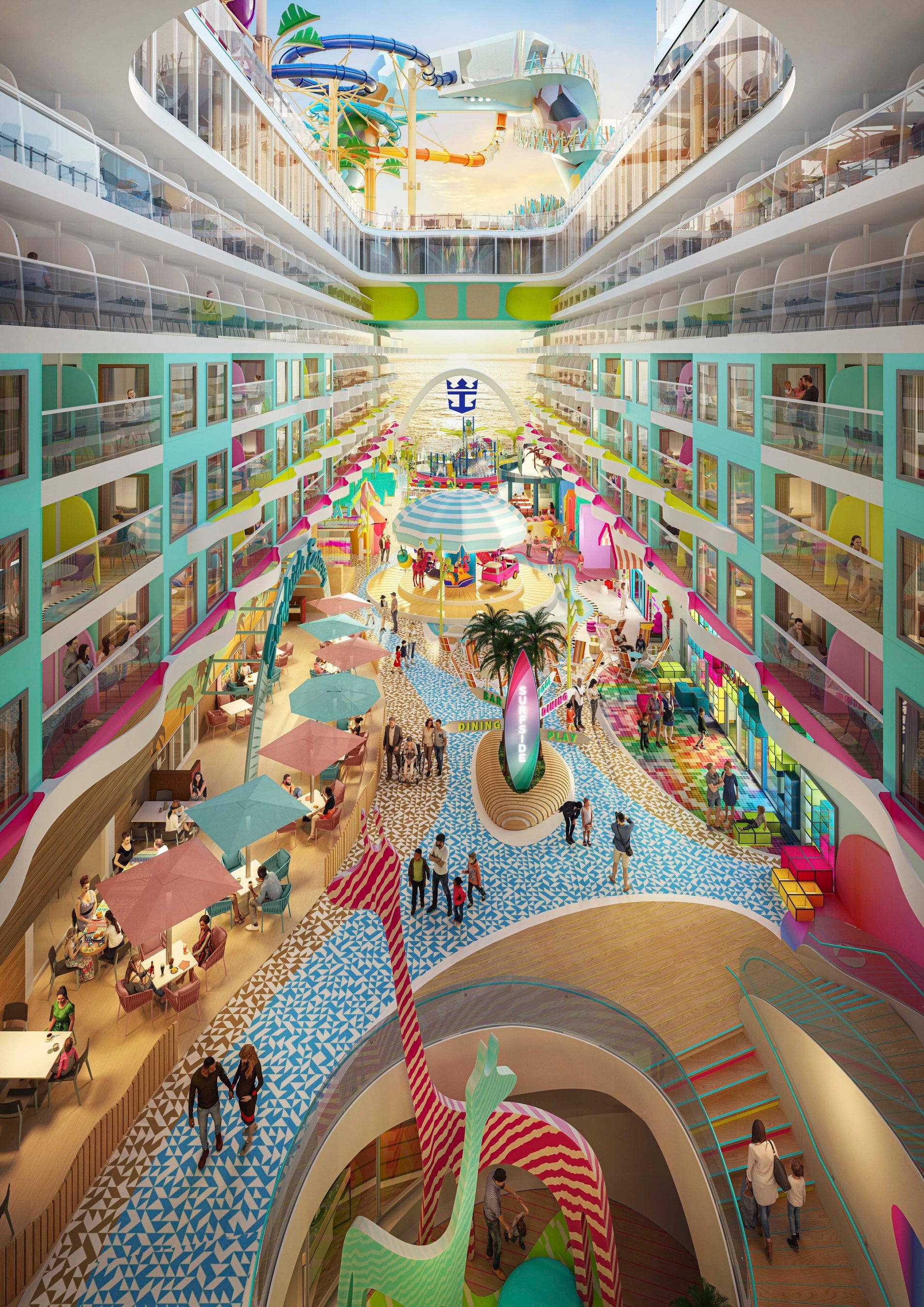 メリーゴーランドや滑り台も設置されたファミリー向けエリア「サーフサイド」」