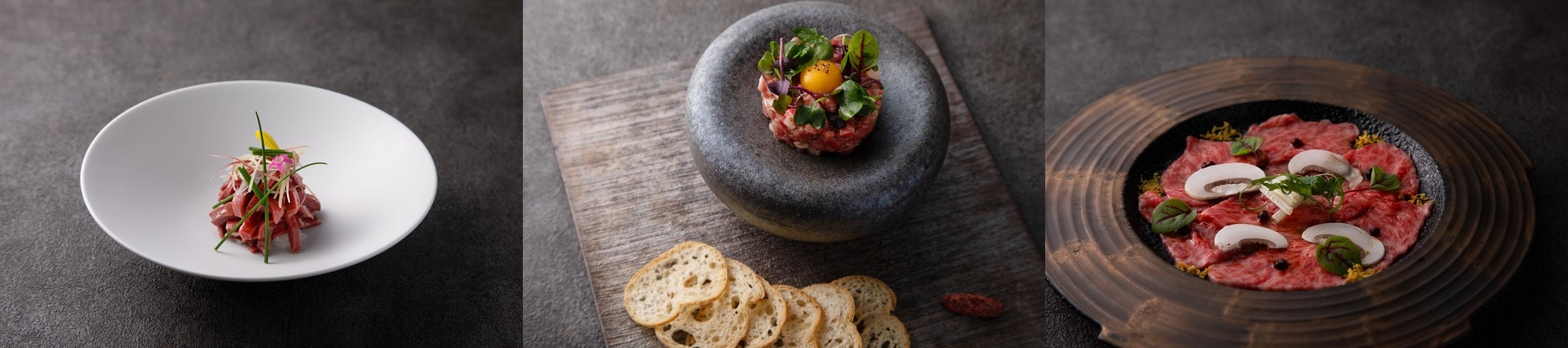 黒毛和牛ハツのタタキ・タルタル・霜降りカルパッチョ