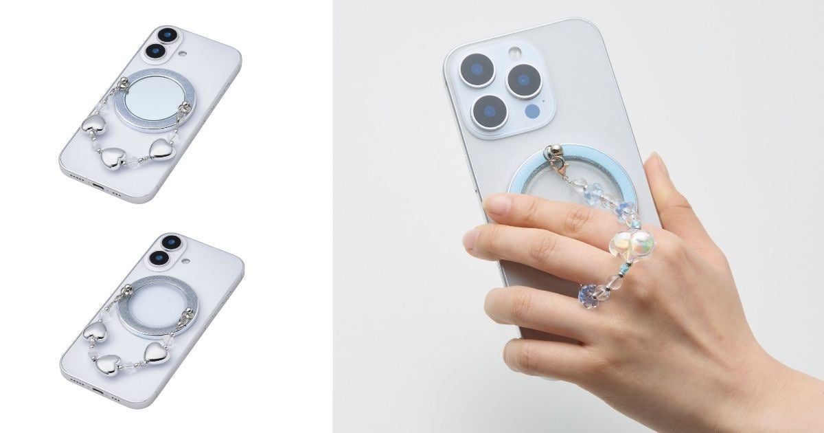 エレコム スマホリング MAGKEEP マグネット式 ラメ ビーズチャーム付き MagSafe対応 ブルー P-STRMKBECBU