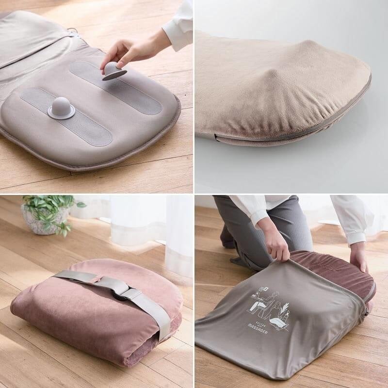 ▲ 指圧ボールは位置調整が可能。付属のベルトで2つに折りたたみ可能