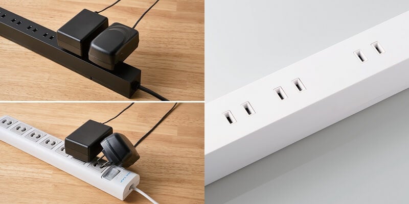 ▲ 一般的な電源タップ(写真左下)で起こるACアダプター同士の干渉リスクを減らします。