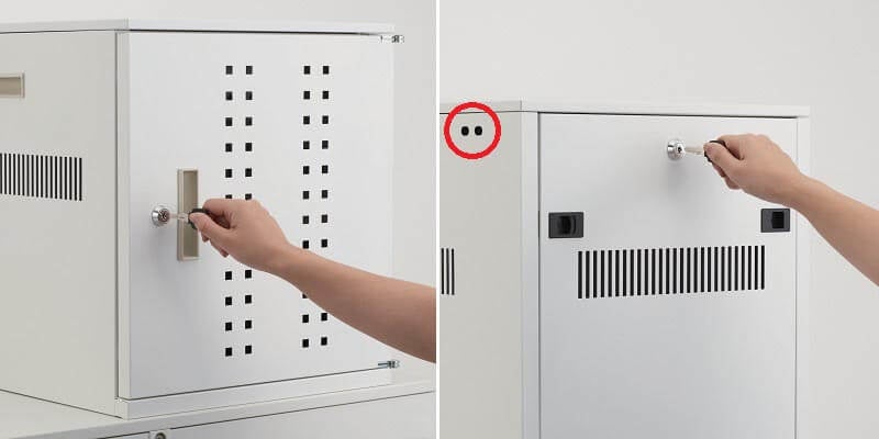 ▲ 前後の扉はいずれも鍵付き。いたずらや無断使用、盗難などを防止 また、左右の側面にはセキュリティワイヤー用のケーブル穴(赤丸部分)を装備